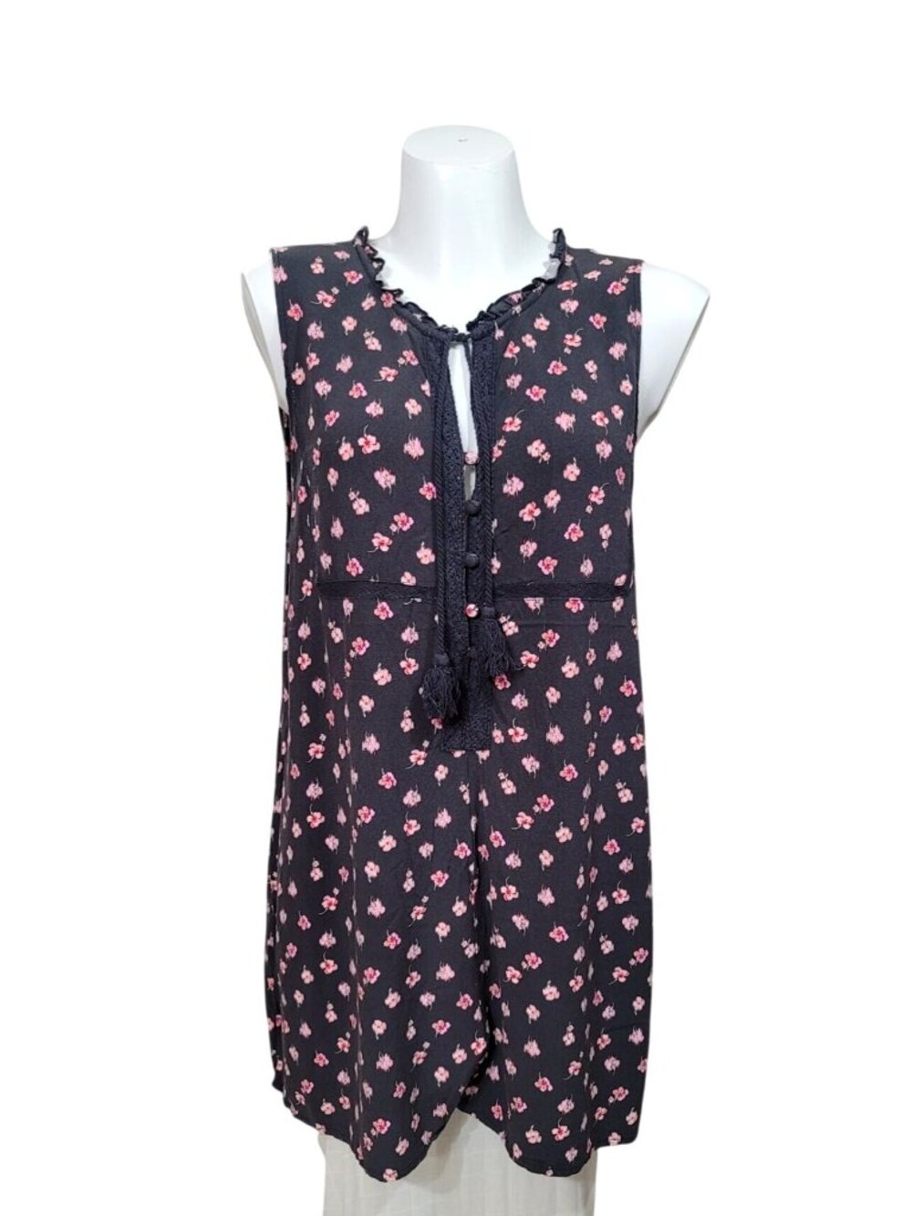 Spiritual Gangster Sleeveless Floral Romper XL Black & Pink Viscose Tassel Tie N